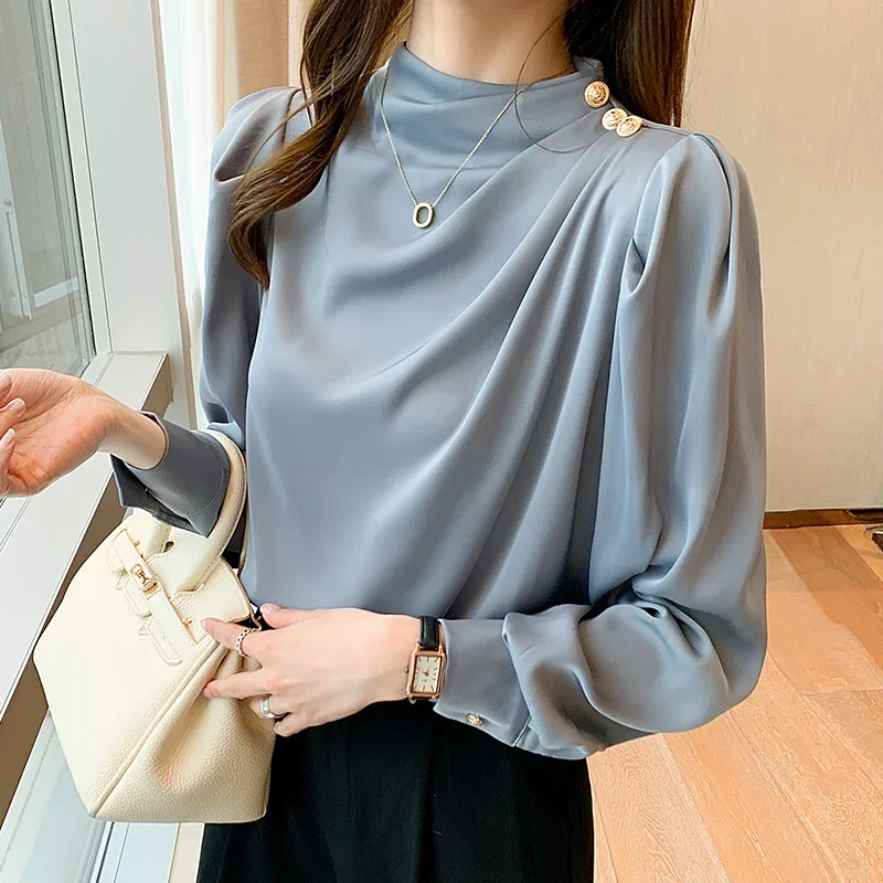 Blusas Mujer De Moda 2024 Stand Collar Blouse Women Long Sleeve Chiffon Blouse Shirt Women Tops Women Blouses Shirts Blusa G364