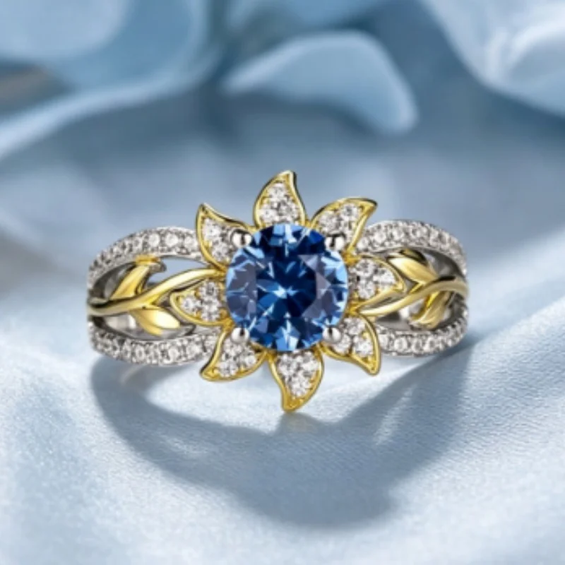 European and American Fashion Color Separation Gold Flower Blue Zircon Ring Vintage Hollow Branch and Leaf Accessories