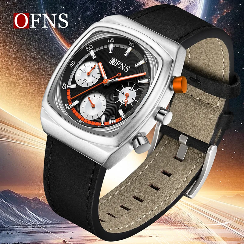 OFNS 1635 موضة وترفيه ساعة كوارتز حزام من الجلد كرونوغراف التقويم مضيئة مقاوم للماء ساعات مربعة للرجال Часы #1