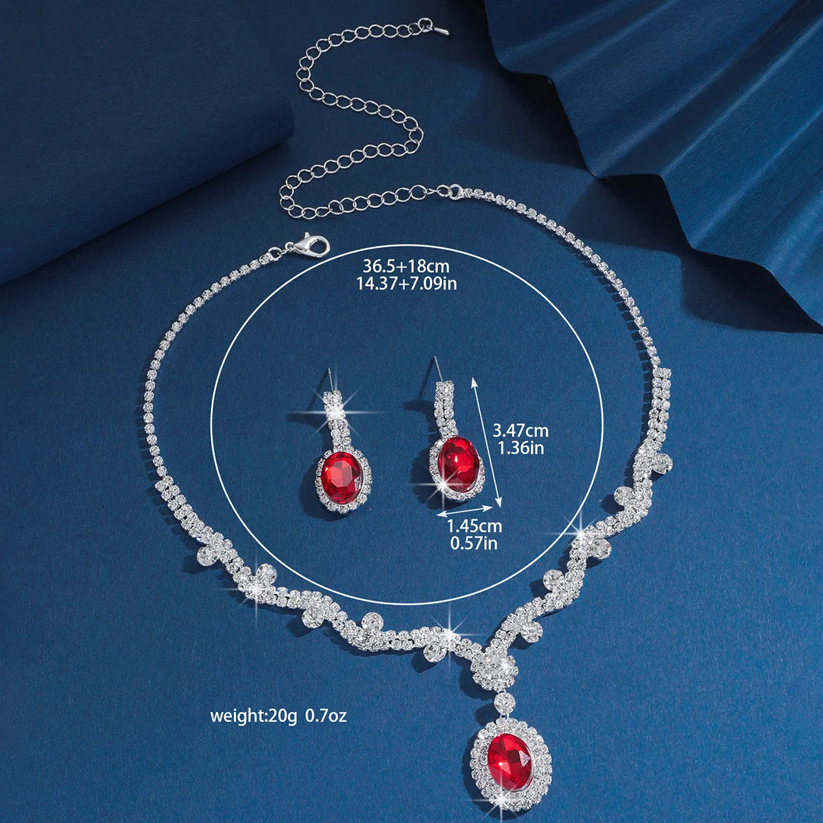Women Silver Oval Ruby Halo Rhinestone 2‑Pcs Jewelry Set Luxurious Bridal Toast Set Red‑Carpet Evening Photoshoot Gift Accessory