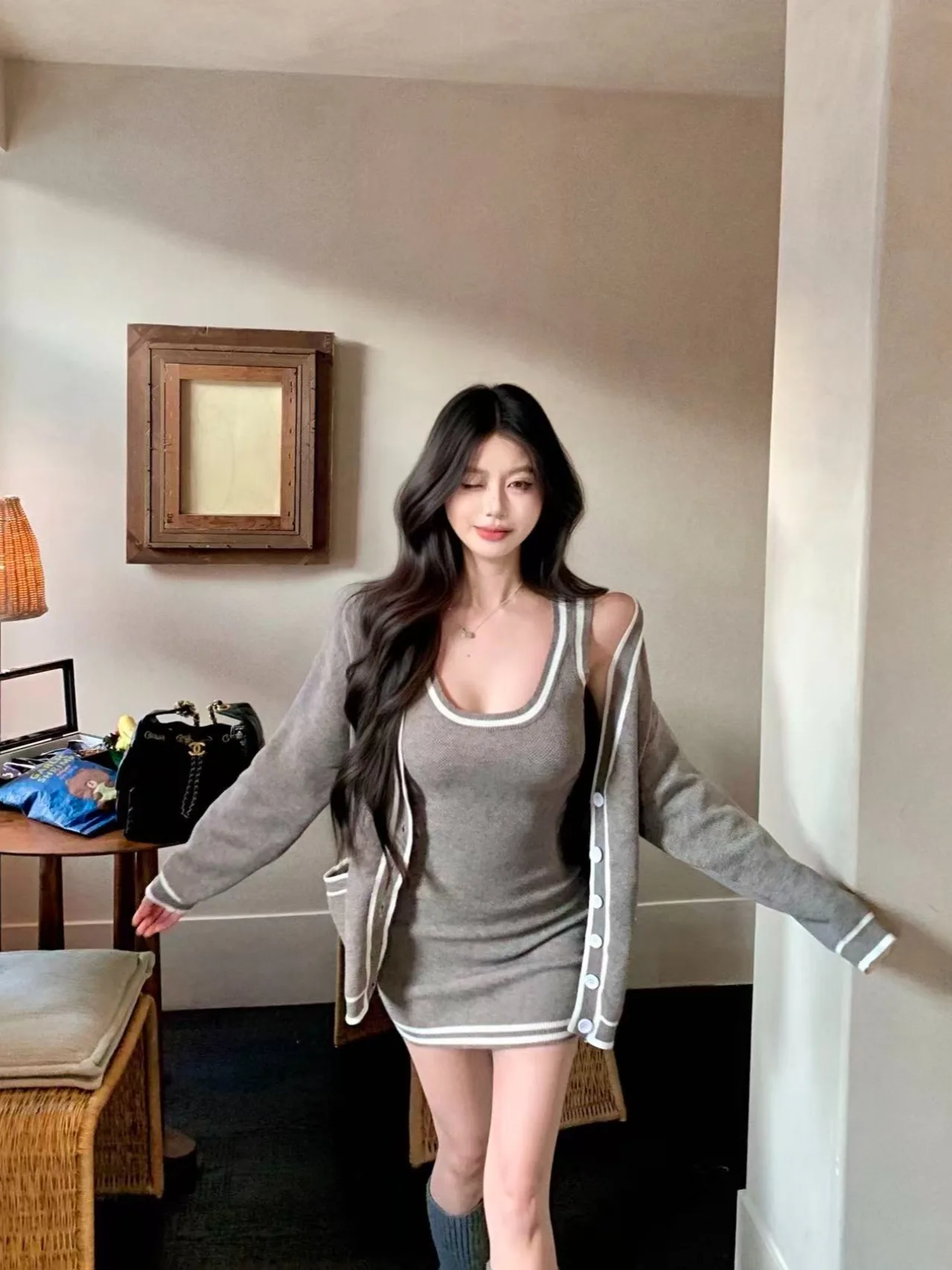 Color Block Long Sleeve Knitted Open Cardigan Women's Autumn High Fashion Set Sleeveless Vest Dress Two Piece Set Casual Wear