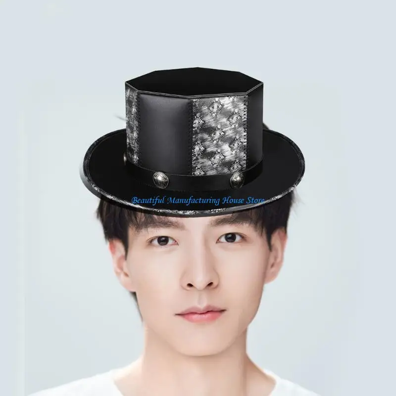 

E56A Steampunk Top Hat for Adult PU Leathers Magician Cap Vintage Victorian Cosplay Costume Hat Women Men Role Play Props Hat