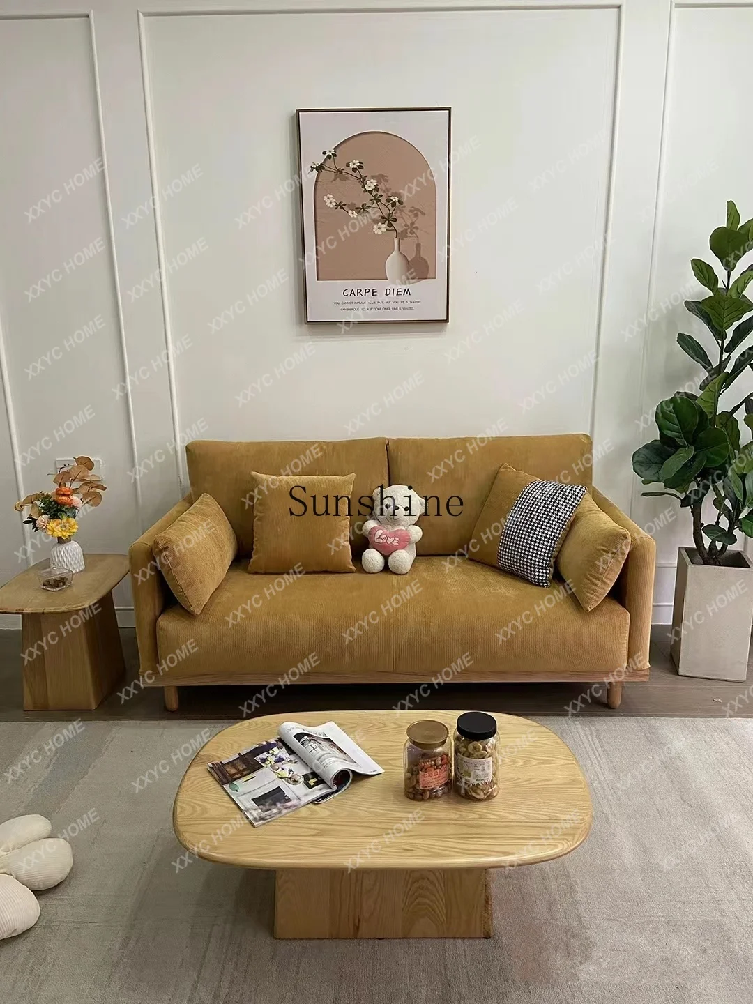 AA solid wood fabric small apartment living room removable and washable corduroy three-person straight sofa