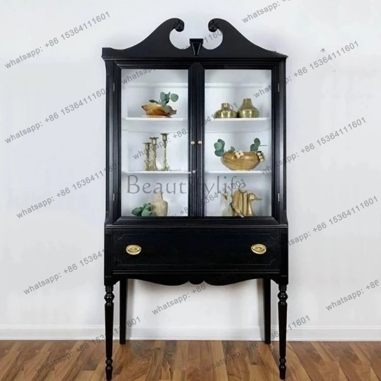 

French black solid wood wine cabinet retro decoration American antique glass storage wine cabinet fashion