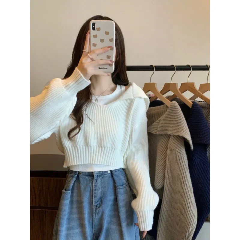 Korean Style V-Shape Navy Officer Sweater Women's Autumn 2024 New Pure Desire Aesthetic Versatile Slimming Cropped Knit Top Tren