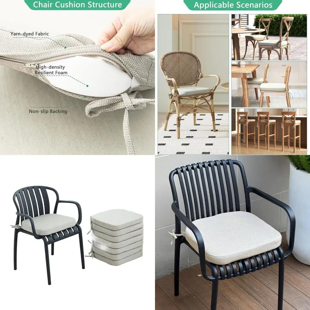 

Set of 8 Waterproof, Non-Slip Indoor/Outdoor Dining Chair Cushions with Removable Covers, Beige, 17x16x2 Inches