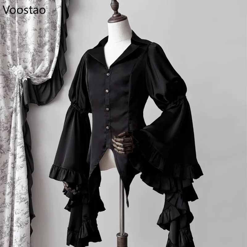 Japanese Vintage Elegant Lolita Shirt Women Victorian Gothic Flare Sleeve Blouses Female Y2k Aesthetic Casual Retro Tops Blusas