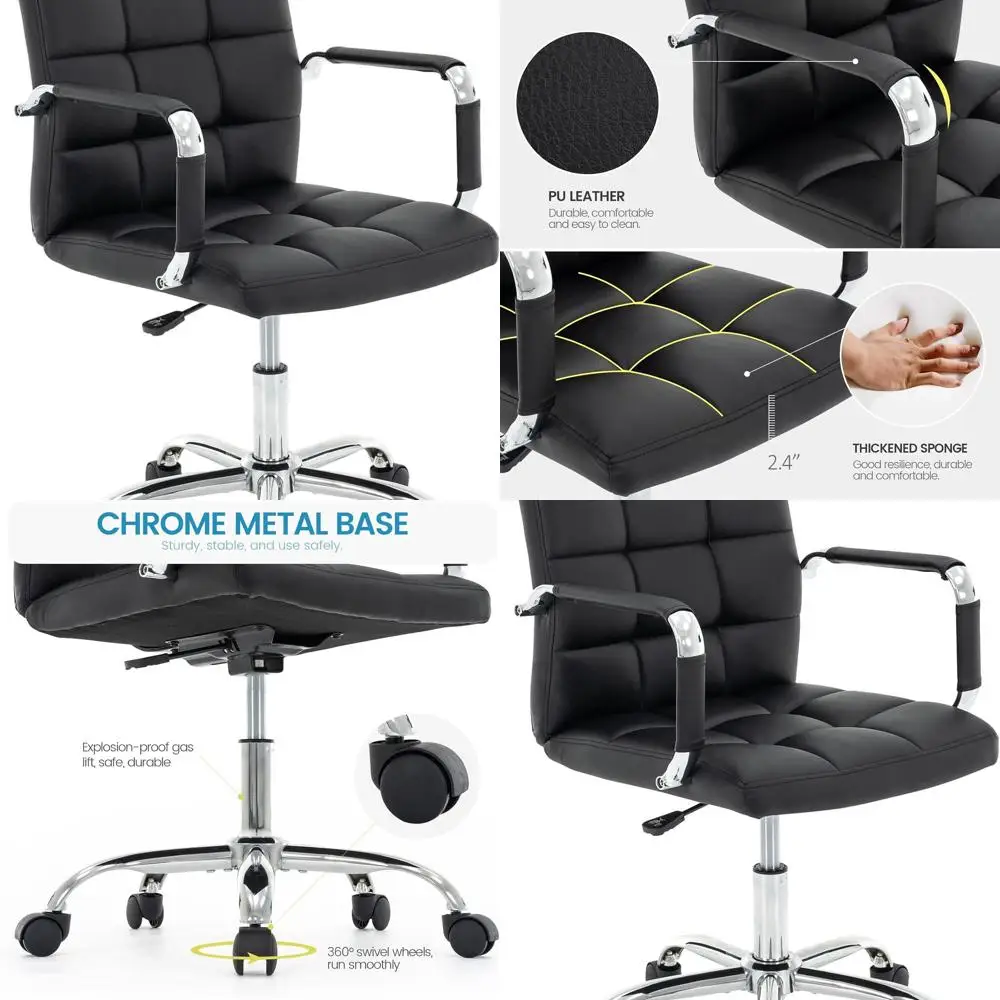 

Современное вращающееся кресло из искусственной кожи с высокой спинкой и подлокотниками для домашнего офиса, регулируемое эргономичное компьютерное кресло на колесах (черный)