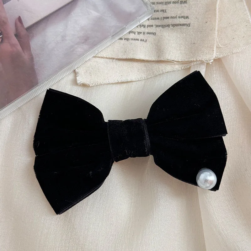 Korean Style Autumn and Winter Black Velvet Barrettes Sweet Pearl Bow Duckbill Clip All-Matching Bang Clip Accessories New