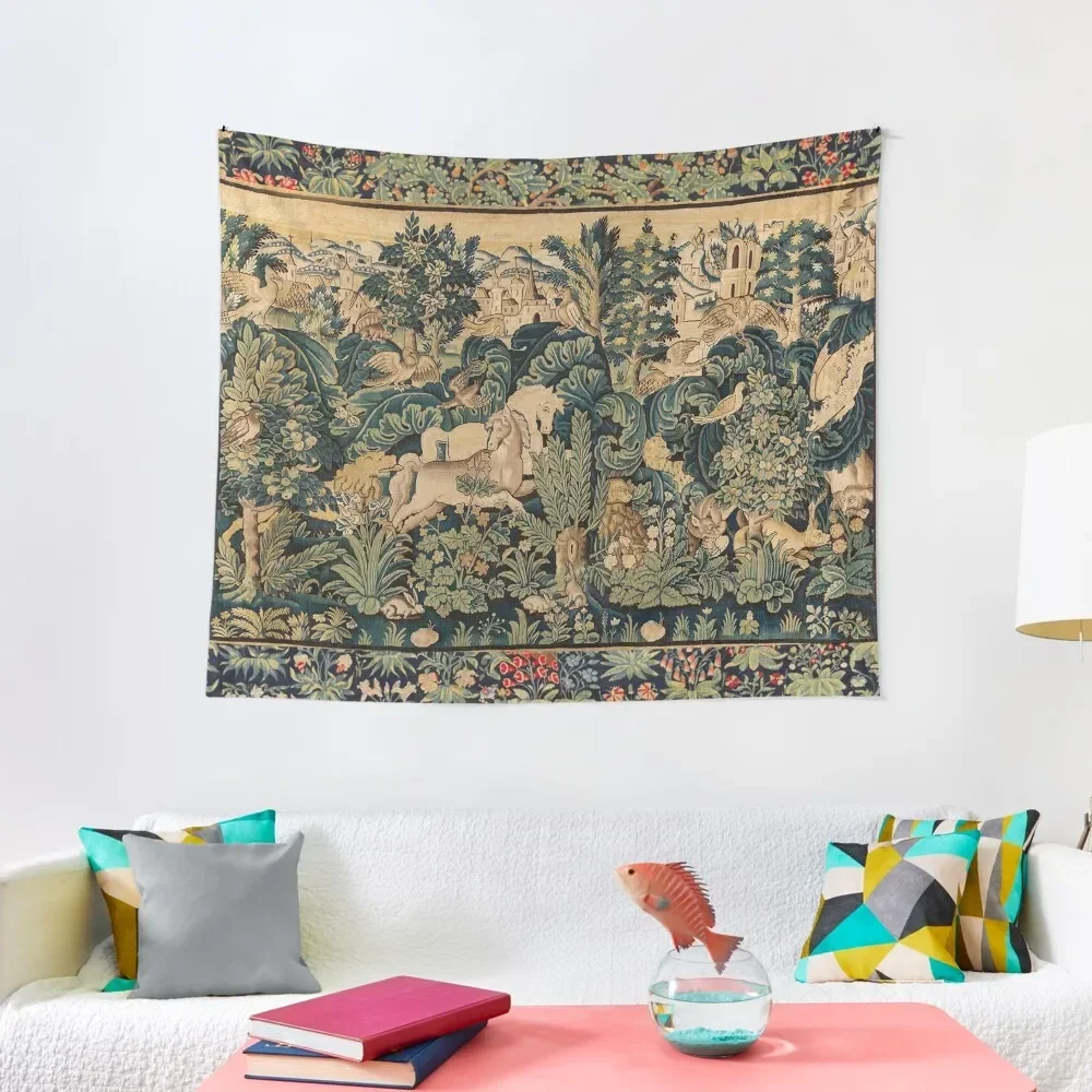 

FANTASTIC ANIMALS AND HORSES IN WOODLAND Blue Green Ivory Antique French Tapestry Wall Hanging Wall Tapestry