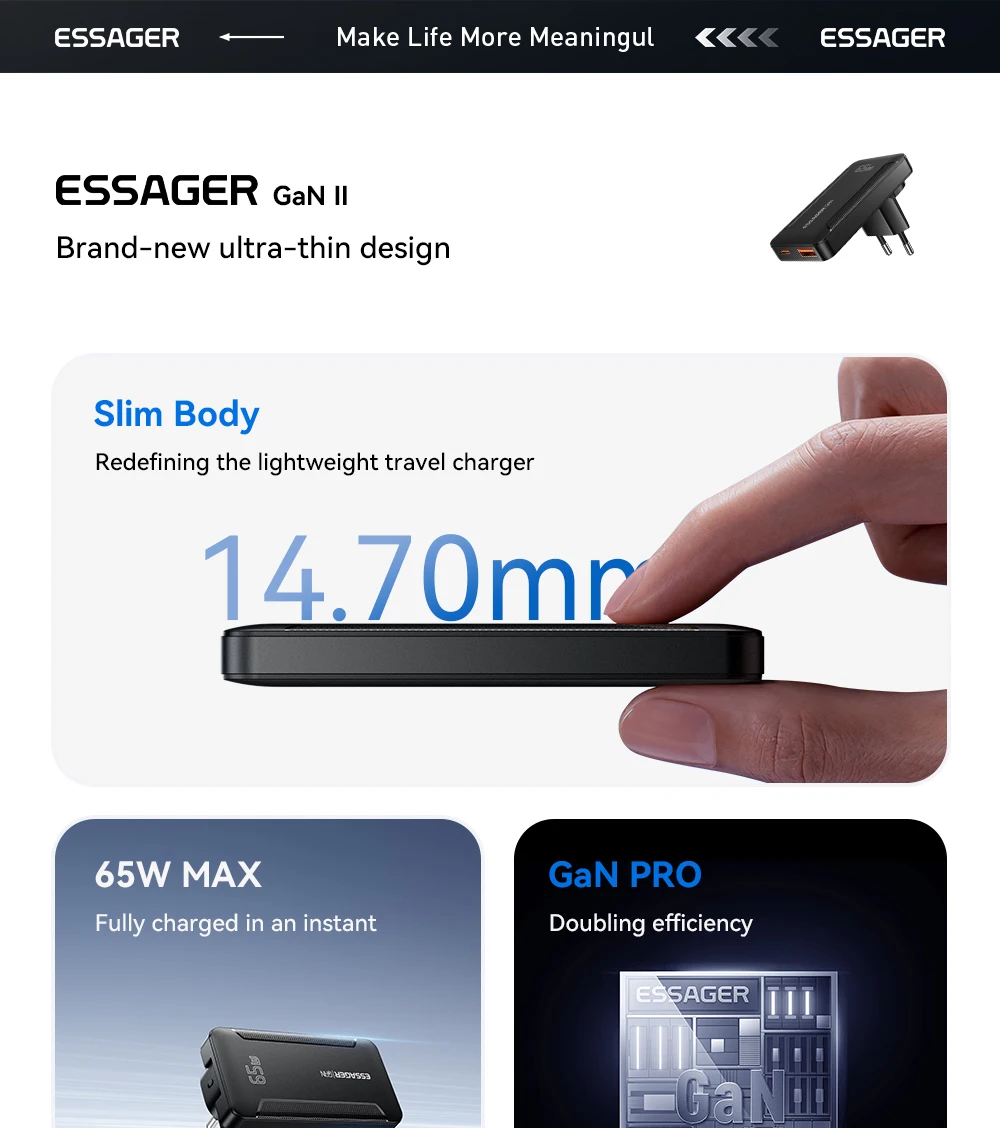 Essager Slim 65 W GaN Reiseladegerät USB A Typ C Tragbares Ladegerät Klappbares Schnellladegerät für iPhone 17 16 Samsung MacBook Laptop – Detail 2