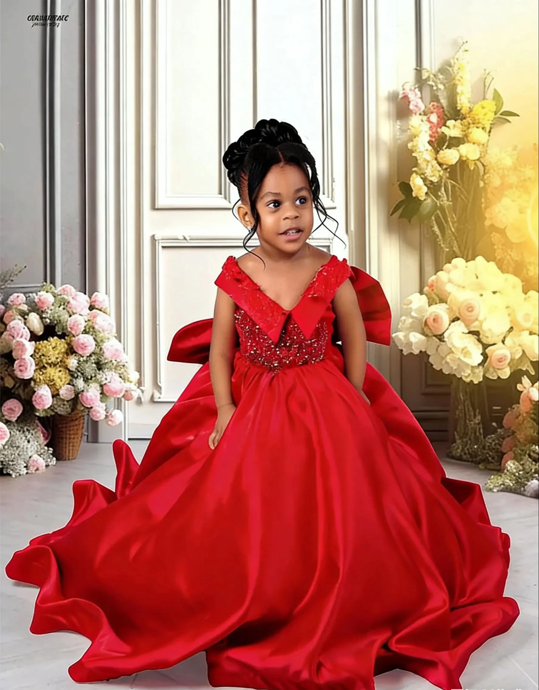 Red Customized Satin First Communion Ball Gowns V-Ncek With Bow Floor Lenght Girl Dress For Wedding Kids Birthday Party Dress
