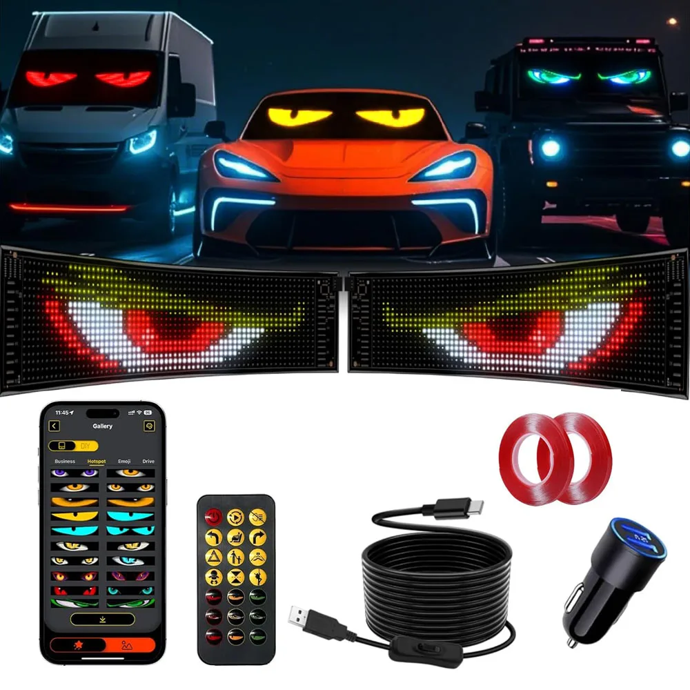 2PCS LED Devil Eye Lights for Car Truck Windshield Animated LED Matrix Panel Sign Flexible Programmable Digital Display Light AP