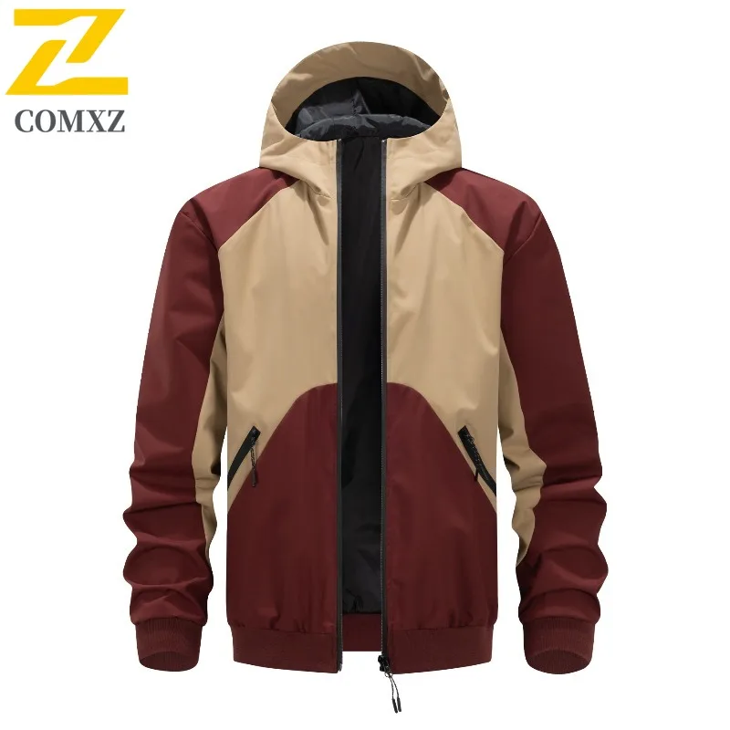 

COMXZ 2025 ветрозащитная куртка с капюшоном для мужчин, спортивная двухцветная лоскутная стильная универсальная модная куртка для альпинизма на открытом воздухе