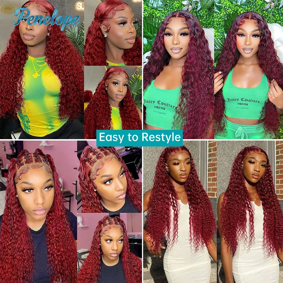 220 Density 99J Burgundy 13x6 HD Lace Frontal Human Hair Wig Pre plucked Colored Brazilian Deep Wave Curly Human Hair Wig image 5