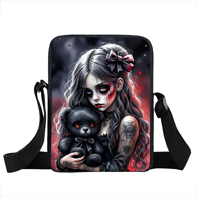 Cartoon Gothic Girl and Bear Doll Print Crossbody Bags Cool Goth Women Handbag Kids Bookbag Storage Bag Phone Holder Gift