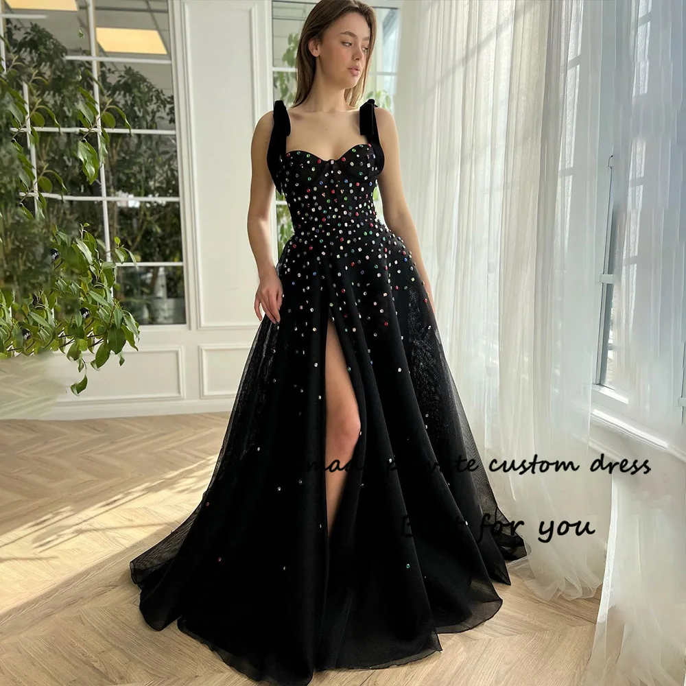 

Black Tulle A Line Fairy Prom Dresses with Slit Crystal Beaded Sweetheart Evening Party Dress Bow Straps Graduation Gowns