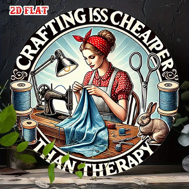 Señal de estaño de Metal de aluminio con carrete de hilo plano 2D, señal de aluminio redonda divertida para coser, amigo de conejo, letrero de aluminio redondo de 7,87x7,87