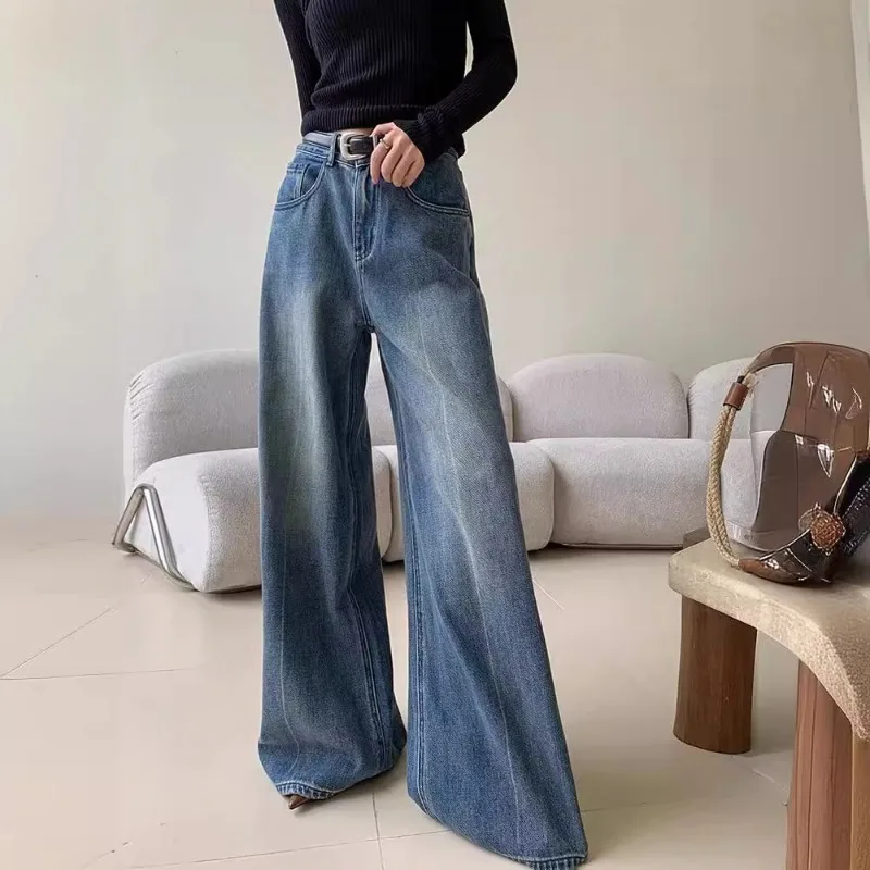 

High Waist Solid Washed Jeans Women Straight Wide Leg Floor Length Trousers Leisure Loose Fit Casual Solid Women Pants