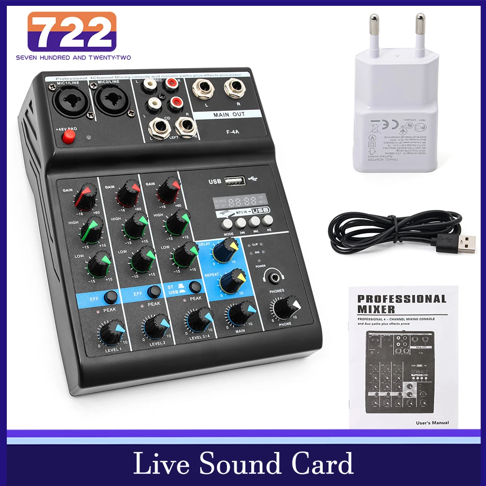 

F-4A 4-Channel Mixer Professional Sound Card Wireless Portable Tuning USB Interface Variable Multifunctional Sound Card For Live