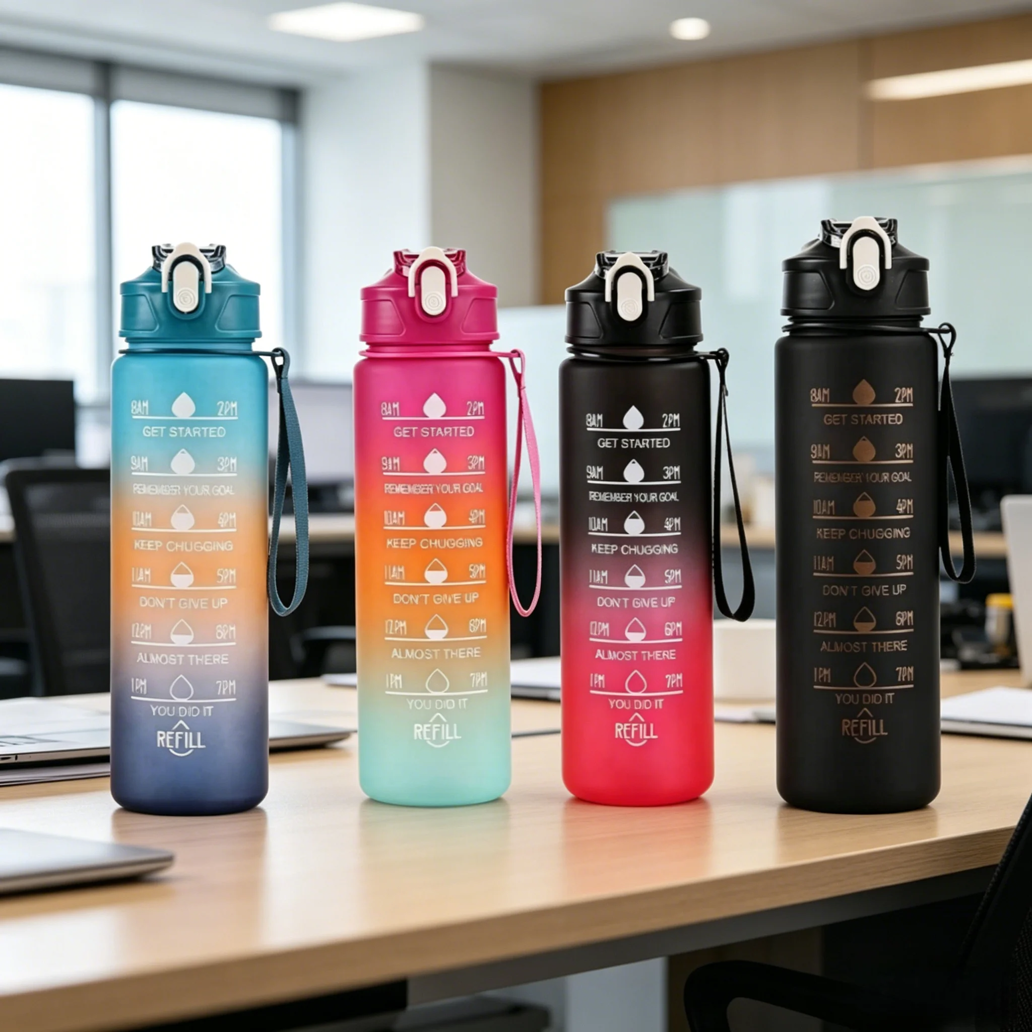 1pc Gradient Sports Water Bottle with Straw & Time Marker for Outdoor Fitness Hiking & Gym Leakproof Travel Water Bottle