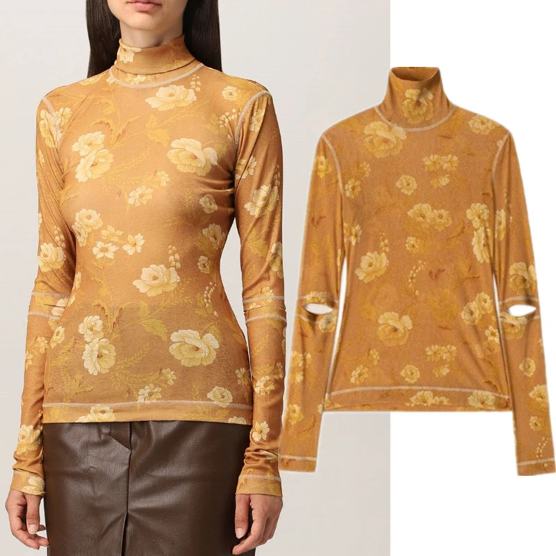 Maxdutti Minimalist Turtleneck Floral Print Long Sleeved T-shirt For Woman Clothes Southern France Autumn Slim Fit Inner Tops