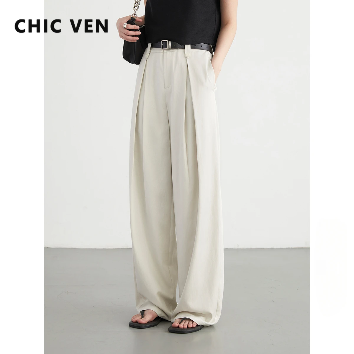 CHIC VEN Women Pants Loose New Korean High Waist Tencel Pleated Casual Wide Leg Pants Female Trousers for Girl Summer