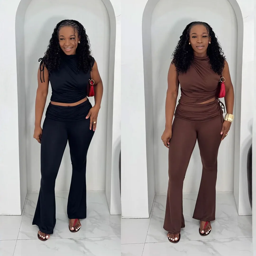 Women's Sleeveless Pleated Stretch Bodycon Jumpsuit Two Piece Sets