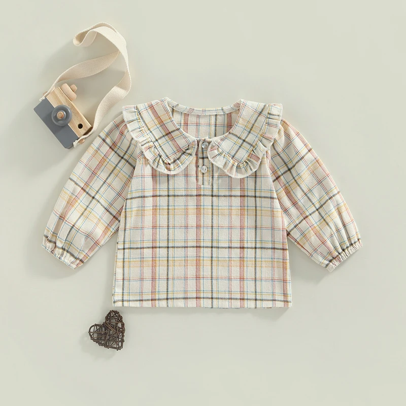 Cute Baby Girls Ruffle Sleeve Tops Plaid Solid Color Doll Collar Blouses Spring Autumn Fashion Casual Shirts for Toddlers