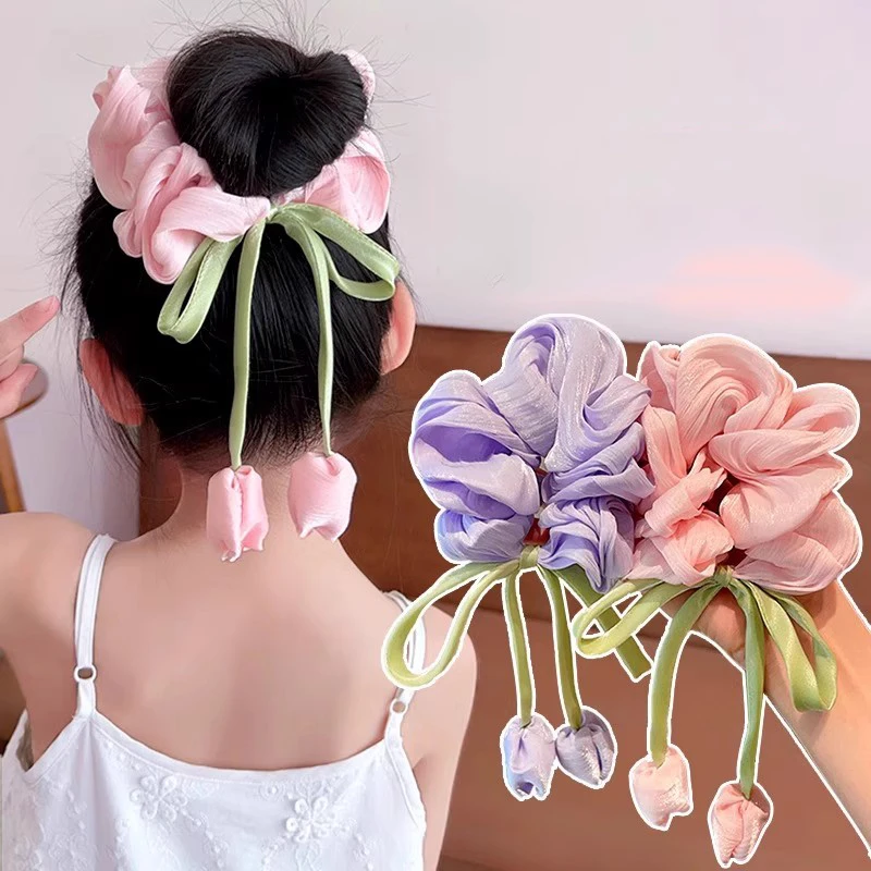 Cute Tulip Flower Large Intestine Scrunchie For Girls Sweet Hair Ornament Headband Hair Band Hair Tie Fashion Hair Accessories