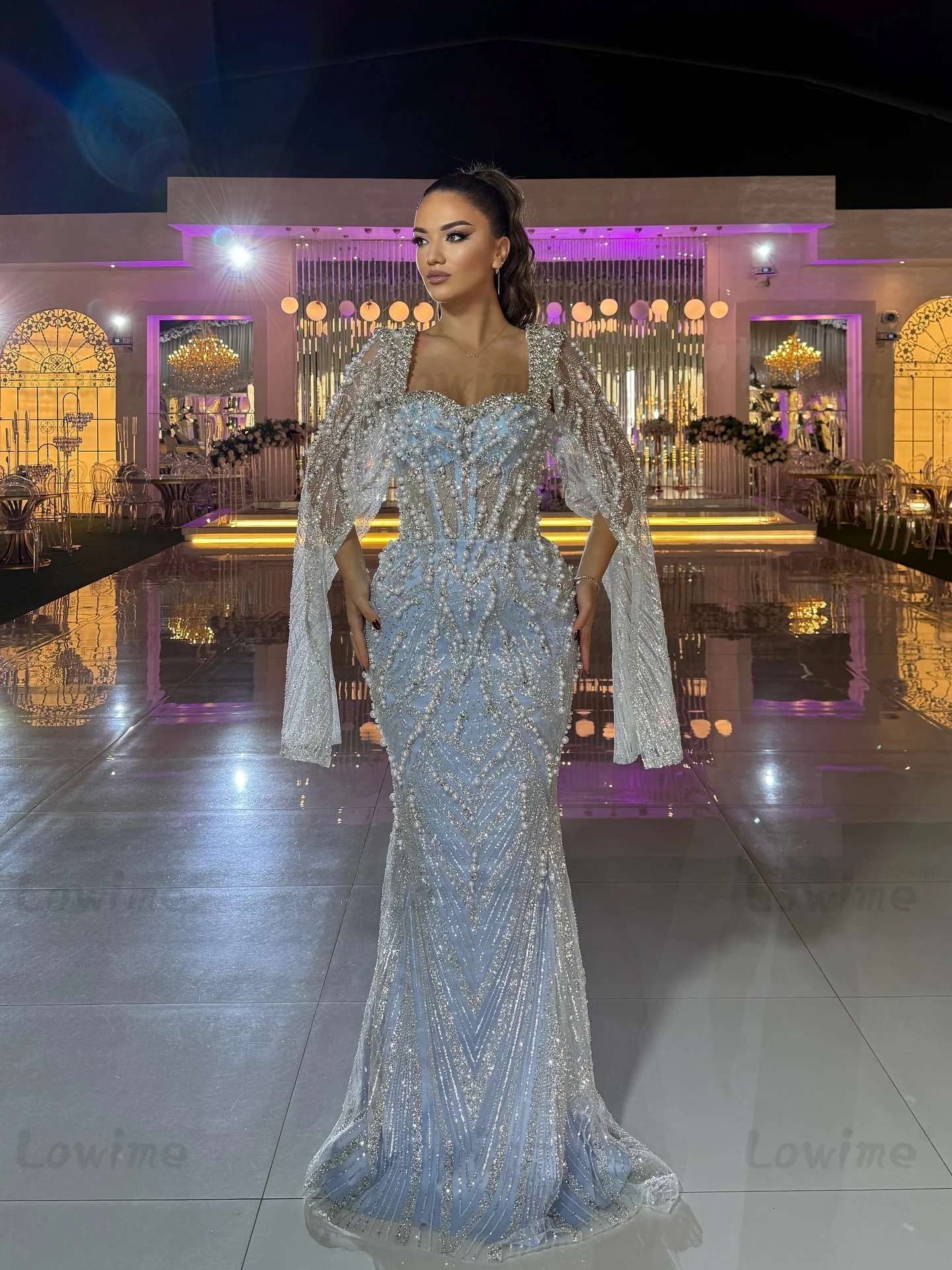 فساتين سهرة بأكمام كيب زرقاء 2025 حورية البحر مطرز باللؤلؤ كريستال فستان الحفلات لحفلات الزفاف مخصص فساتين حفلات طويلة #3