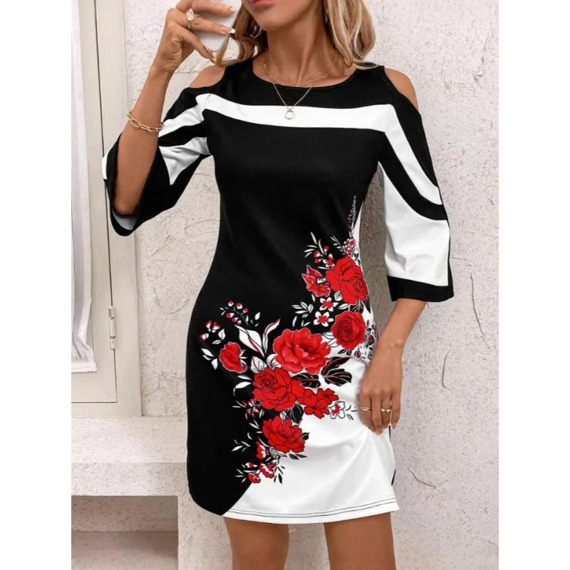 

Foreign Style Flower Printed Women's Dress Fashion Color Blocked Sexy Off Shoulder Dresses Summer Comfortable Vestidos For Lady