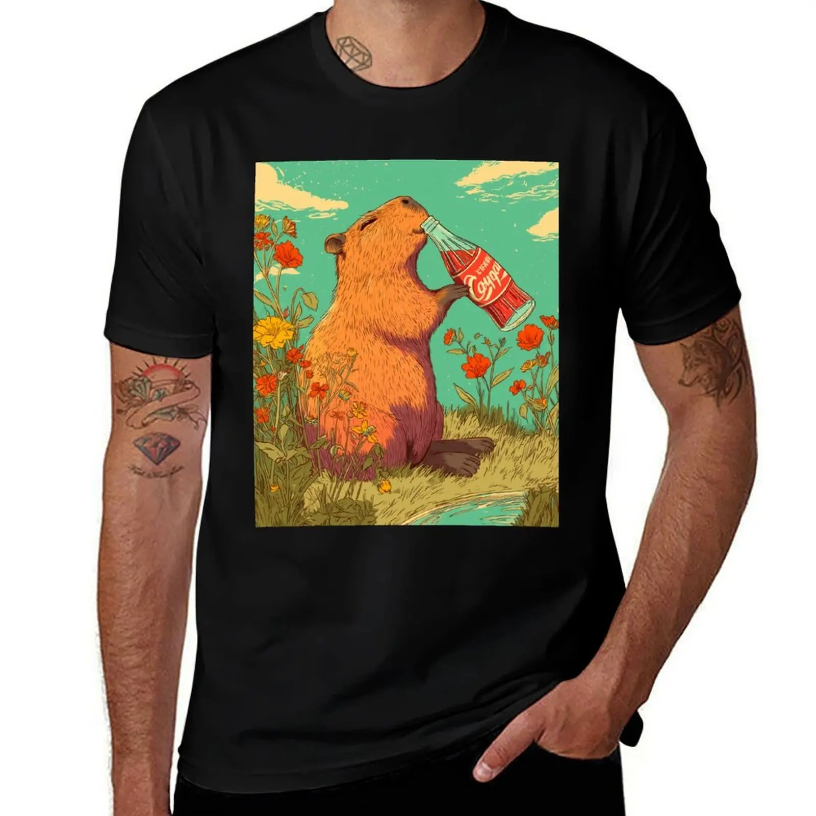 

Capybara Cola – Retro Animal Illustration Print T-Shirt topping anime shirts men