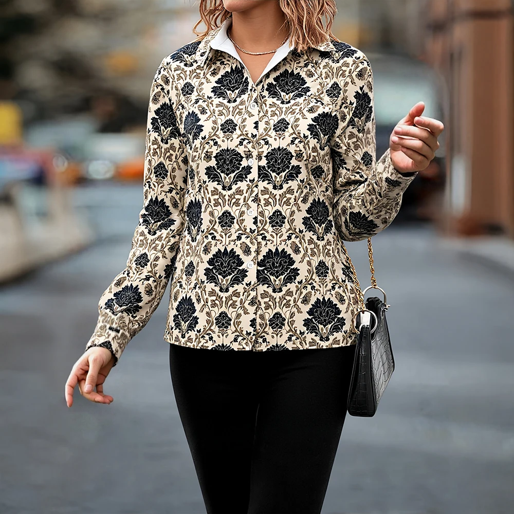 

Mia Muse 2025 Women's Shirts Autumn Vintage Full Print Button Front Long Sleeve Shirt Collar Fitting Slim Comfy Shirts