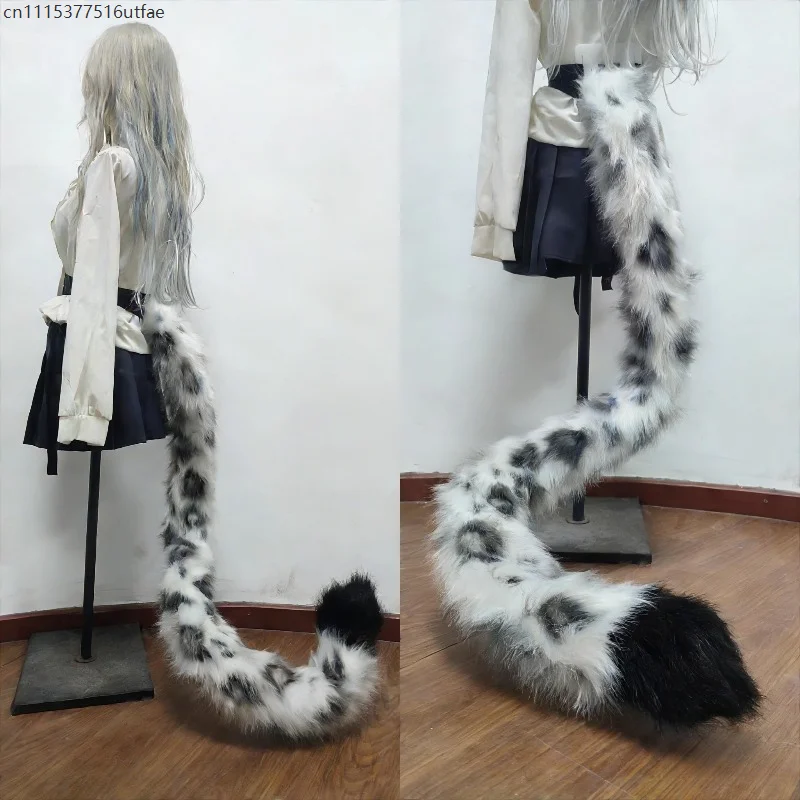 Snow Leopard Print Furry Long Tail Cosplay Prop Thick Faux Fur Animal Tail Adjustable Strap Design Stage Halloween Carnival