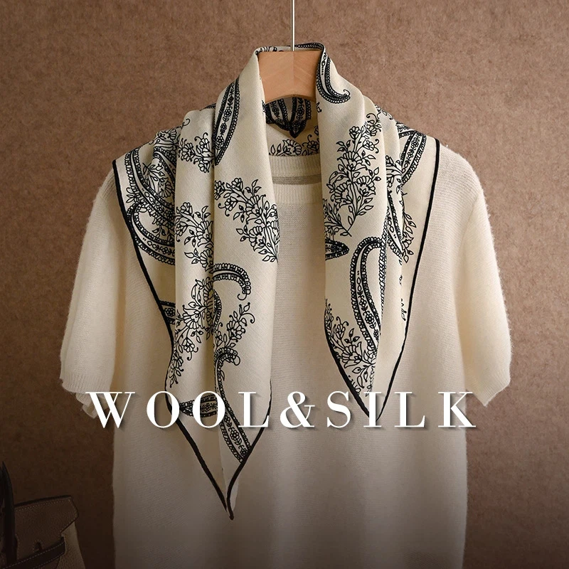 2027 Silk Wool Blend Square Scarf for Women, Navy Blue White Paisley Foulard Scarf, Soft Luxury Brand Neck Bandana Headscarves