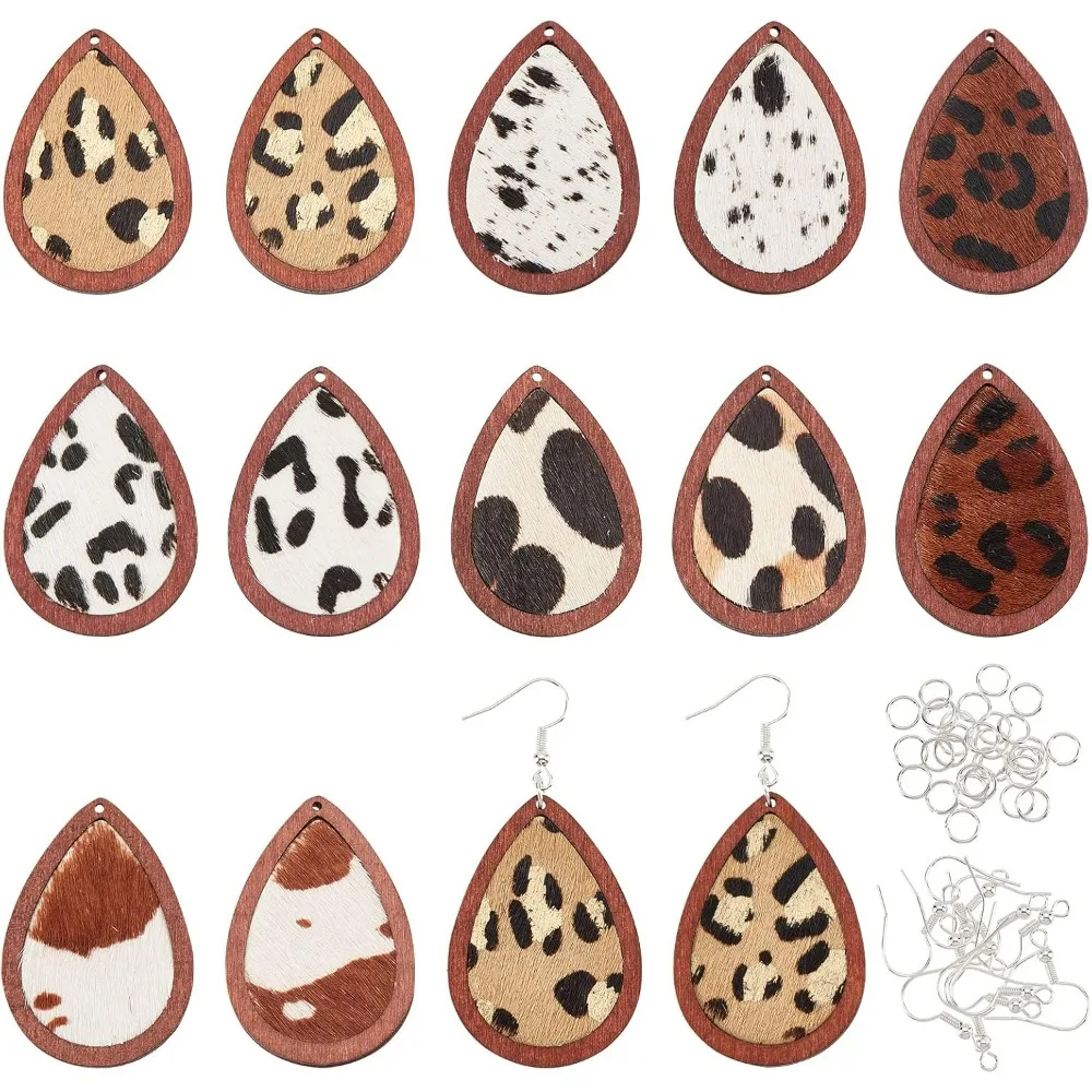 44 Pcs Leopard Wood Earring Pendant Teardrop Leather Wood Earrings Leopard Cow Print Wood Earrings Making Kit with Earring Hooks