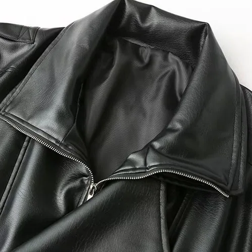 Trendy Loose Designer Women's Leather Jacket Stand Collar Biker Style Trade European And American Fashion