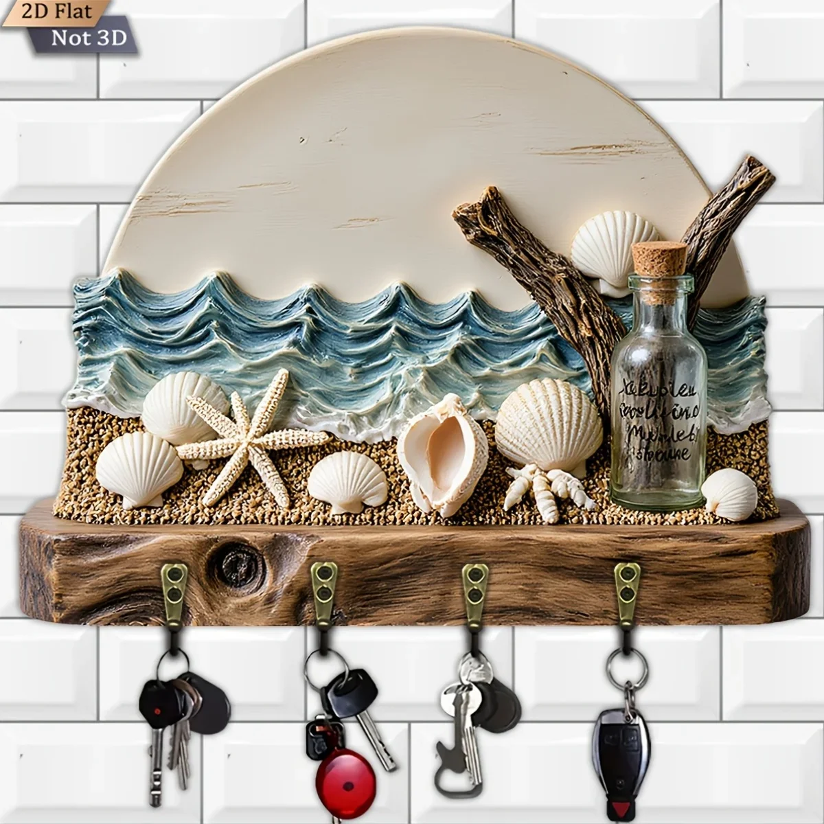 2D Flat, 1pc, Marine Theme Style Key Hook Wooden Multifunctional Home Key Hanger with Four Metal Hooks, Wall Decoration, Porch