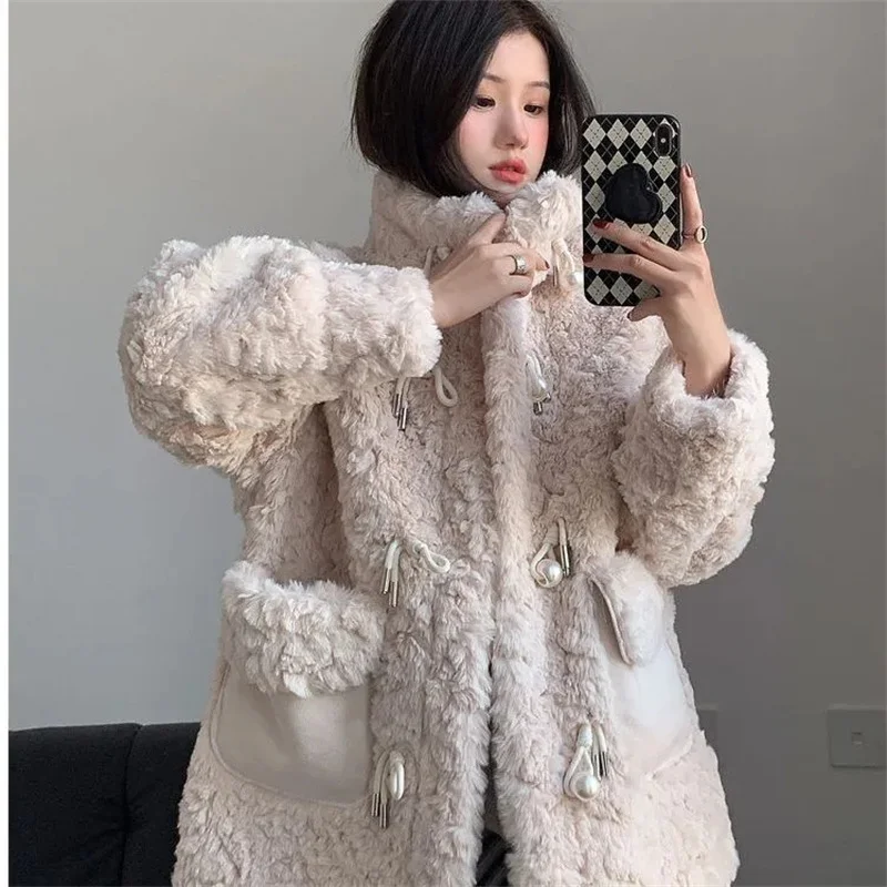 Lamb Plush Add Cotton Thickened Coat Women's Winter Jacket Korean Imitation Fur Overcoat Female Mid length High Collar Warm Coat