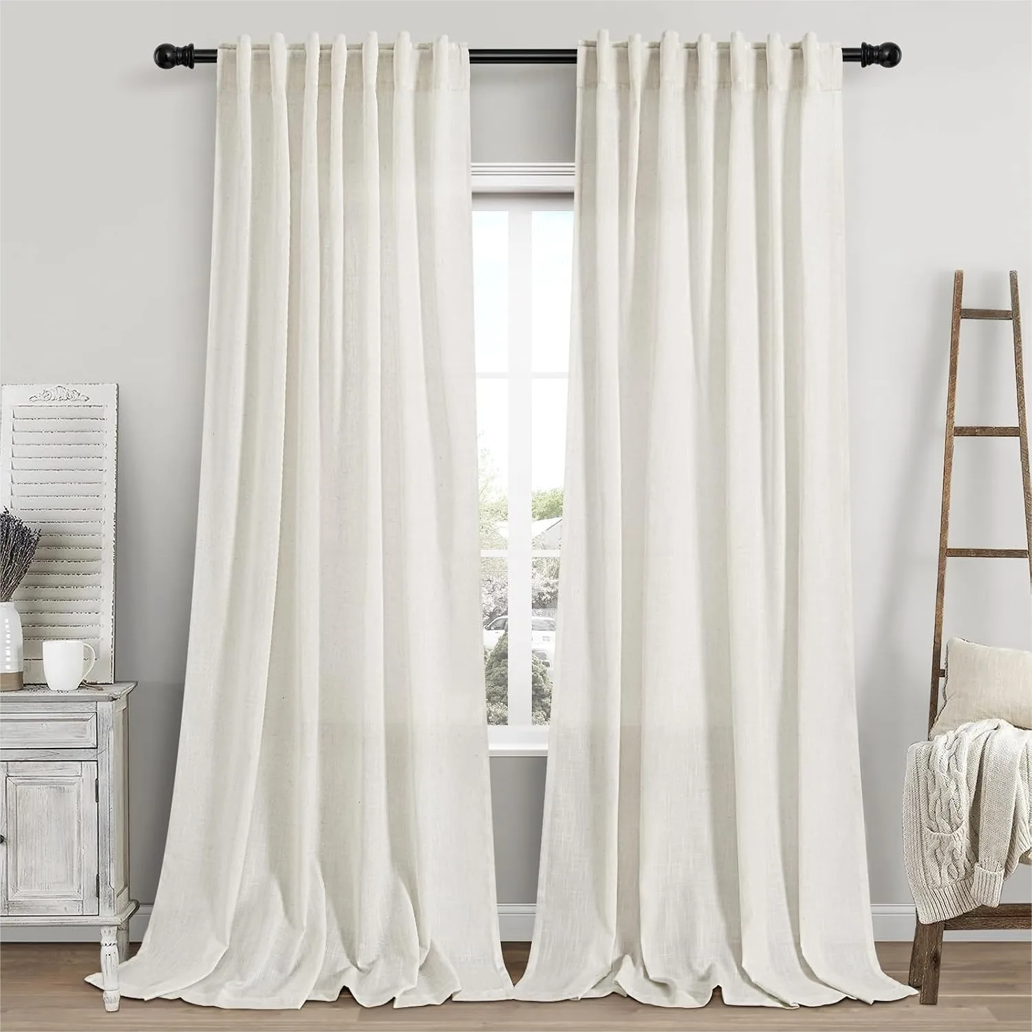 

Linen Curtains 112 Inches Long for Living Room, Light Filtering Semi Sheer Drapes with Back Tab, Set of 2 Panels 52x112
