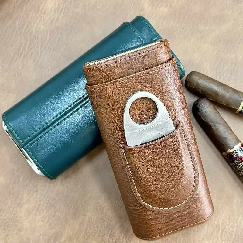 

Portable Durable Leather Case Holder 3 Cigar Case Tube Travel Brown Cigar Cedar Humidor With Cigar Cutter 97