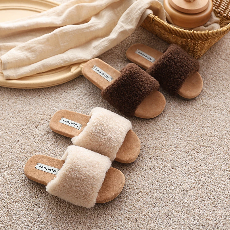 Kids Furry Slide Slippers Boys Girls Plush Open Toe Sandals Non-slip Warm Fluffy Slip On Home Indoor Outdoor Children Slides