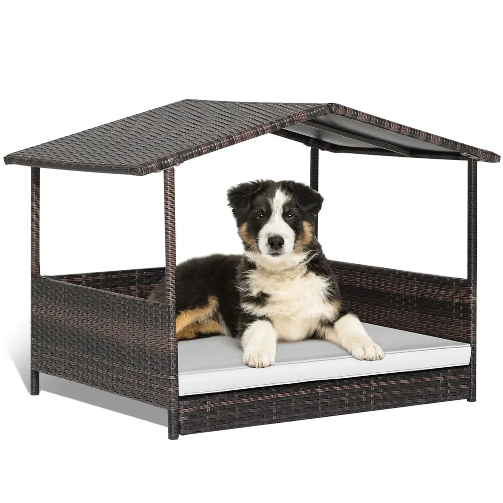 Costway Wicker Dog House w/ Cushion Lounge Raised Rattan Bed for Indoor/Outdoor