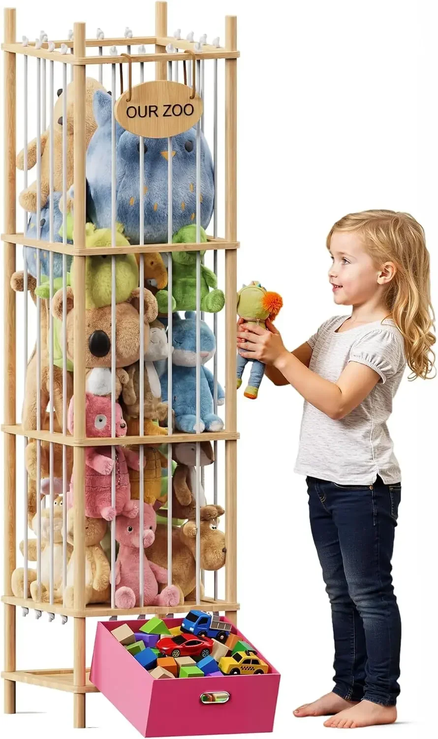 

Large Wooden Toy Chest with Drawer for Stuffed Animals Kids Nursery Playroom Bedroom Storage Organizer