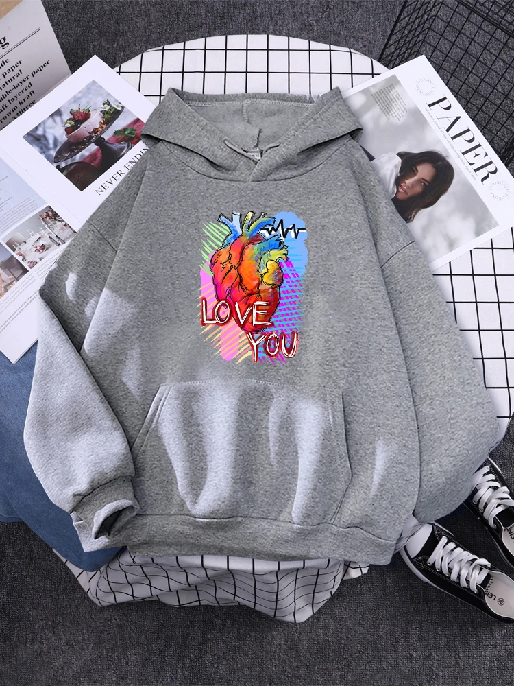 Colorful Plant Hand-Painted Hands Love You Print Clothes Womens Hip Hop Loose Hoodies Autumn Fashion Hoody Crewneck Streetwear