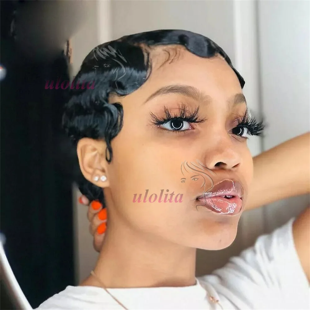 Pixie Cut Finger Wave Kurze Bob-Perücken für Schwarze Frauen, Echthaar Ocean Wave Kurze Indische Echthaar-Perücke 13X4 Lace Front Perücken – Detail 7