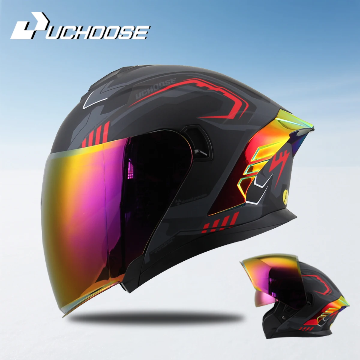 715 Motorcycle Dual Visor Flip-Up Modular Full-Face Helmet Anti-Fog Street Bike Racing Helmet for Women and Men Retro 3/4 Helmet
