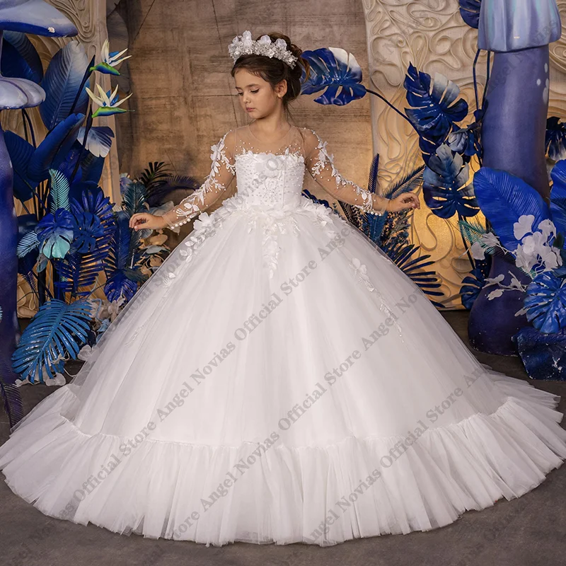 

Angel Novias Customized Long Sleeves Ball Gown White Tulle Princess Flower Girls Dresses Pageant Birthday Wedding Party Dress
