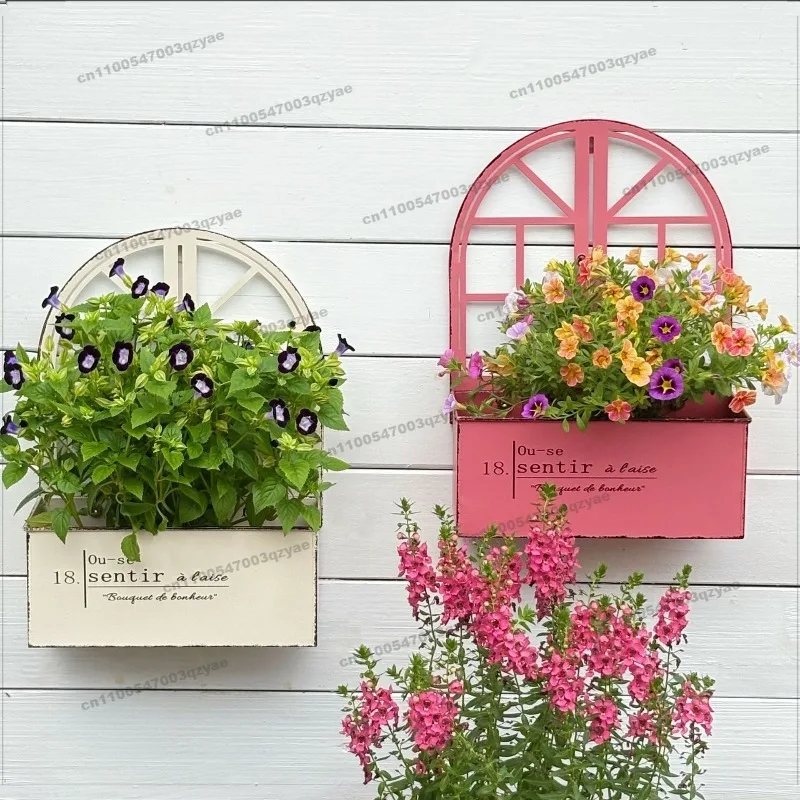 Retro Old Wrought Iron Small Window Flower Pot Wall Hanging Flower Ware Garden Balcony Grocery Decorations